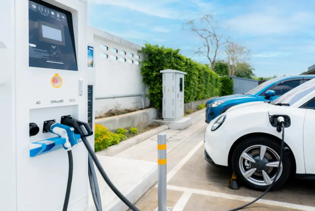 Carro elétrico sendo carregado em estação de recarga, representando seguro para carros elétricos e híbridos.