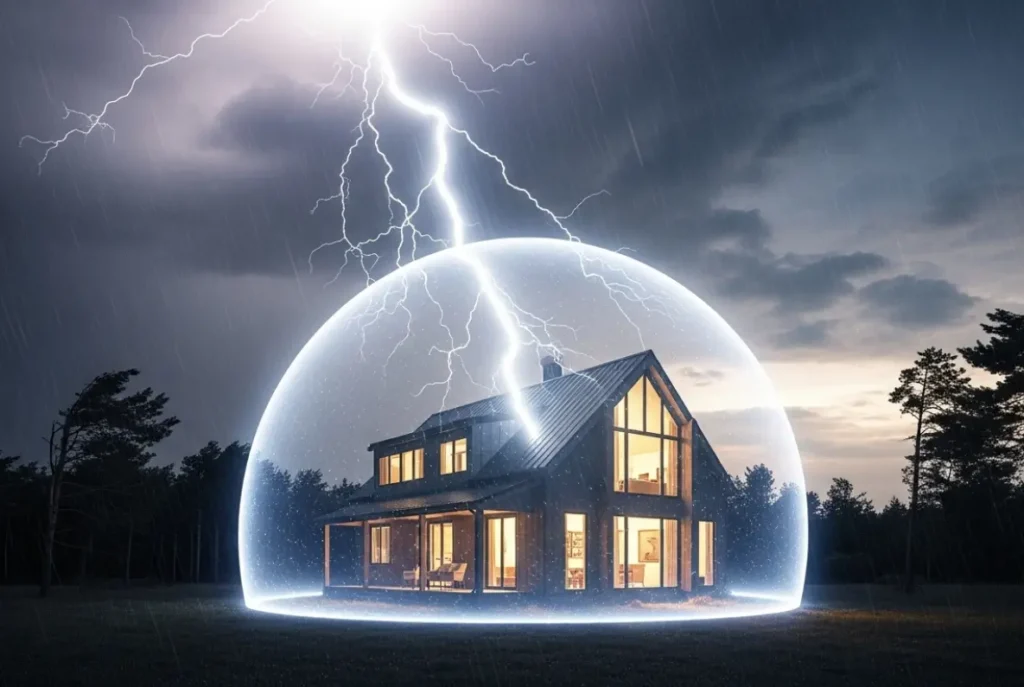 Casa protegida contra tempestade e raios, representando seguro residencial contra danos elétricos e desastres naturais.