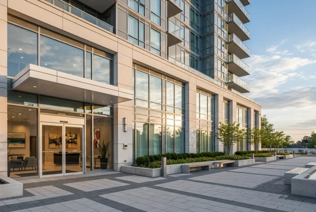 Edifício residencial com áreas comuns, representando seguro de condomínio e proteção da estrutura coletiva.