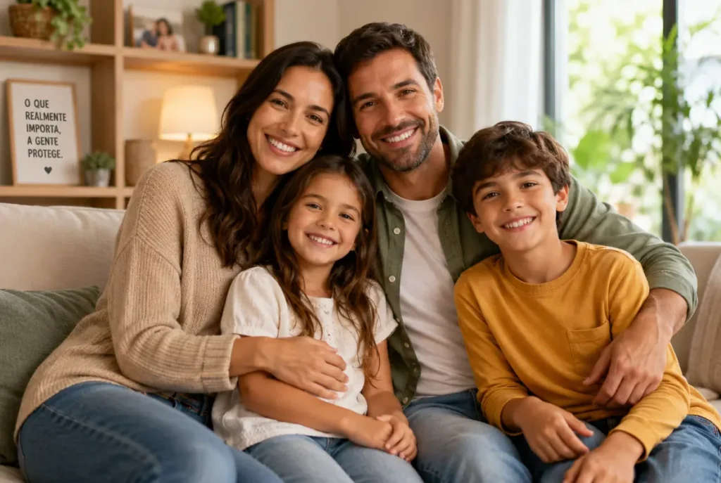 Família protegida por seguro de vida sentada em sofá em casa - Protect Brasil Corretora de Seguros