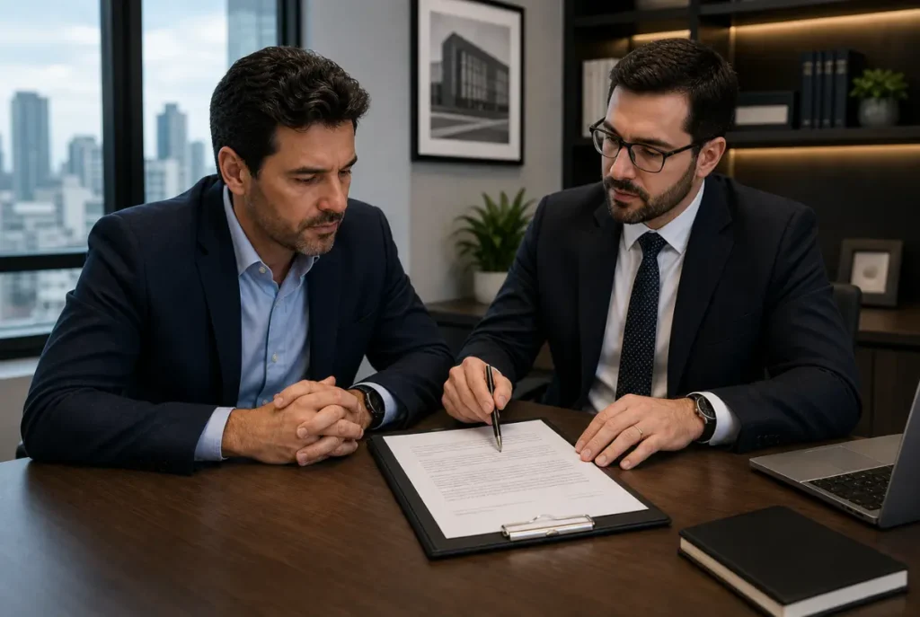 Seguro de responsabilidade civil geral - empresário e advogado analisando apólice - Protect Brasil Corretora de Seguros em Curitiba