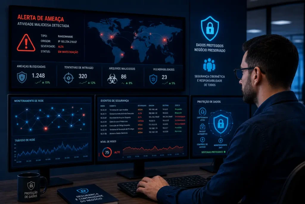 Seguro de riscos cibernéticos - profissional monitorando segurança digital em empresa Protect Brasil Corretora de Seguros em Curitiba