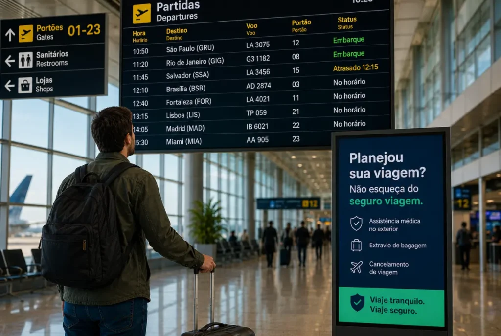 Seguro viagem viajante no aeroporto planejando proteção para sua viagem nacional ou internacional - Protect Brasil Corretora de Seguros